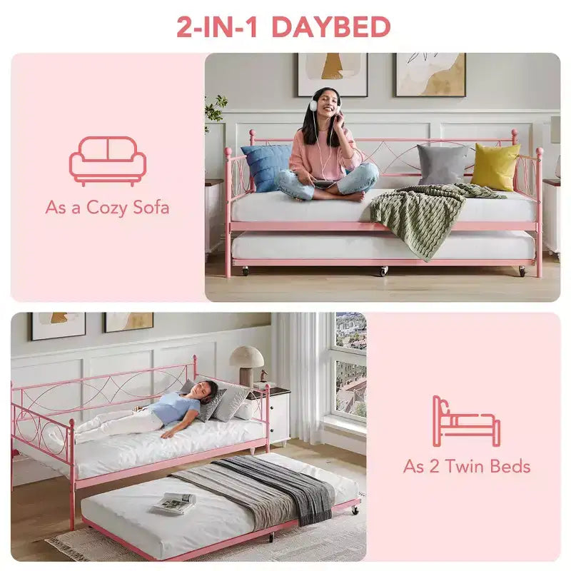 Lit de repos gigogne - Lit de repos jumeau avec gigogne, cadre de canapé en métal avec support de lattes en acier - Lit de repos multifonctionnel pour chambre à coucher, chambre d'amis