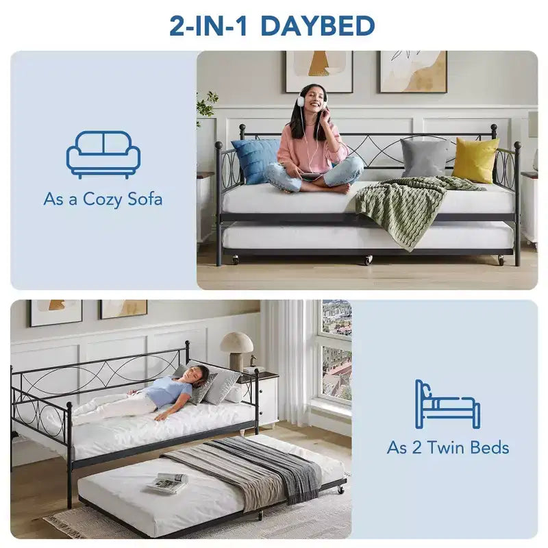 Lit de repos gigogne - Lit de repos jumeau avec gigogne, cadre de canapé en métal avec support de lattes en acier - Lit de repos multifonctionnel pour chambre à coucher, chambre d'amis