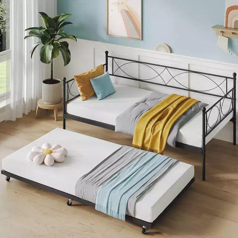 Trundle Daybed Set  Twin Daybed with Trundle, Metal Sofa Bed Frame with Steel Slat Support  Multifunctional Daybed for Bedroom, Guest Room