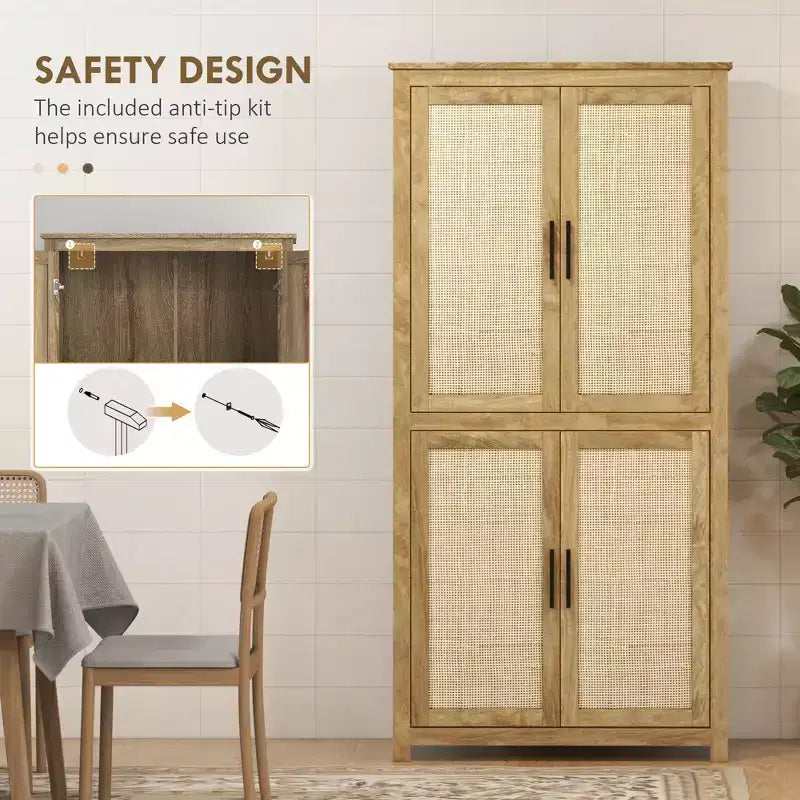 Armoire de cuisine haute de 162,5 cm avec 4 portes en rotin, 4 étagères et une étagère réglable