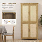 Armoire de cuisine haute de 162,5 cm avec 4 portes en rotin, 4 étagères et une étagère réglable