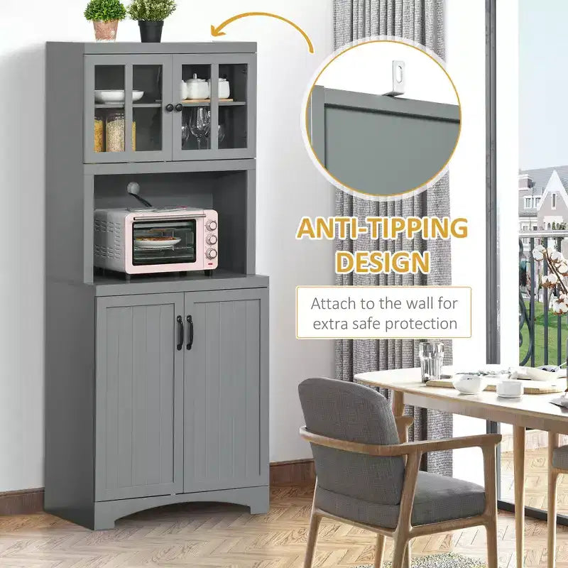 Meuble de cuisine, armoire de garde-manger de 70 po avec porte vitrée, armoire de rangement avec étagères réglables et espace pour micro-ondes pour salle à manger