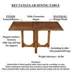 Table à manger rectangulaire Royal Hampton de 62 pouces, en bois de manguier naturel fabriqué à la main avec fermetures magnétiques