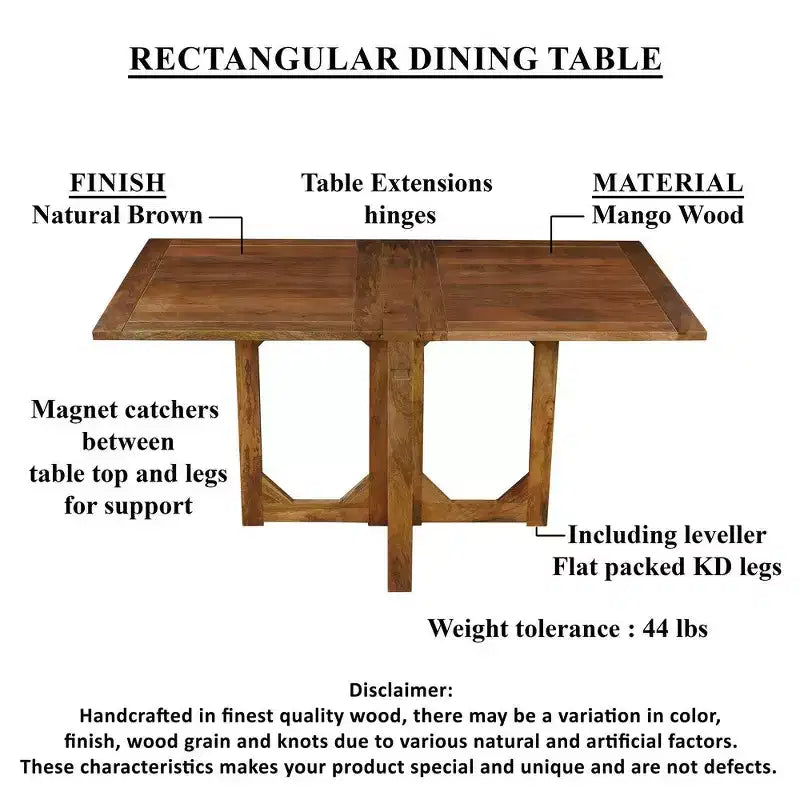 Table à manger rectangulaire Royal Hampton de 62 pouces, en bois de manguier naturel fabriqué à la main avec fermetures magnétiques