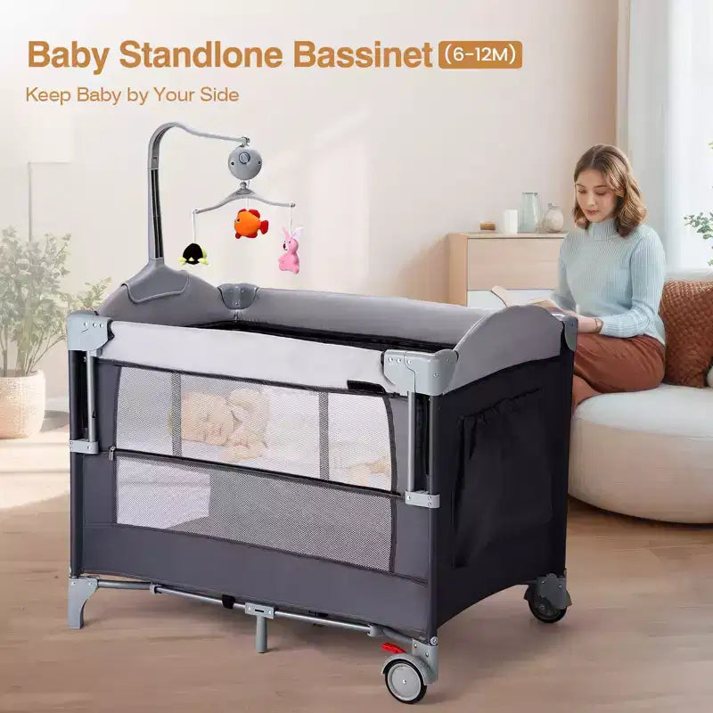 JOYMOR Parc bébé 4 en 1 avec berceau, Berceau pour nouveau-né, Parc de jeu portable pour bébés et tout-petits (Noir)