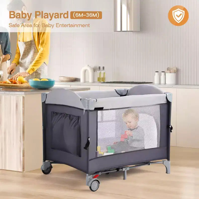 JOYMOR Parc bébé 4 en 1 avec berceau, Berceau pour nouveau-né, Parc de jeu portable pour bébés et tout-petits (Noir)