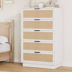 Rattan 5 Drawer Dresser, 46.7in Tall Antique White 5 Chest of Drawers with Metal Handles and Wooden Sturdy Base for Bedroom Living Room Nursery
