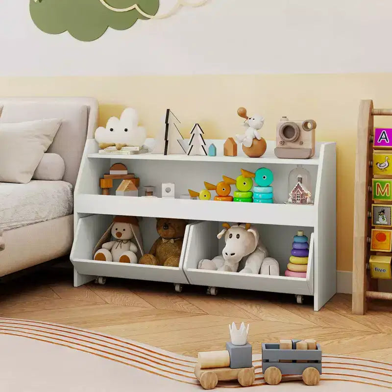 Organisateur de jouets pour enfants Costway avec 2 tiroirs mobiles et compartiment à étagère ouverte pour enfants Gris/Blanc