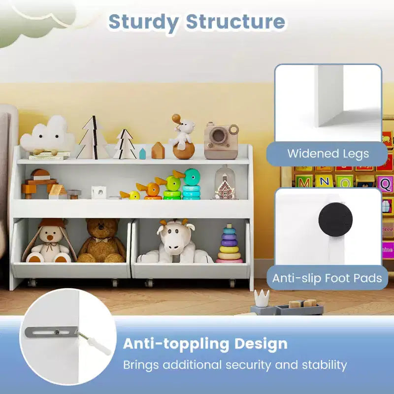 Organisateur de jouets pour enfants Costway avec 2 tiroirs mobiles et compartiment à étagère ouverte pour enfants Gris/Blanc