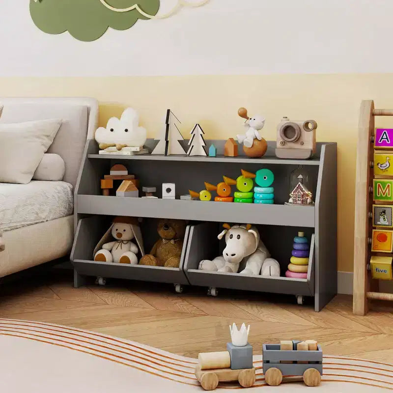 Organisateur de jouets pour enfants Costway avec 2 tiroirs mobiles et compartiment à étagère ouverte pour enfants Gris/Blanc