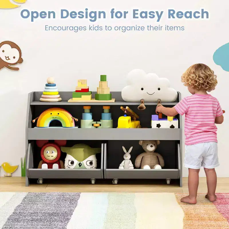 Organisateur de jouets pour enfants Costway avec 2 tiroirs mobiles et compartiment à étagère ouverte pour enfants Gris/Blanc