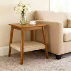 Homy Casa Mid-Century Wooden End Table with Woven Shelf, Walnut Finish