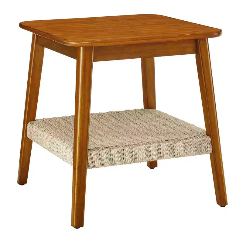 Table d'appoint Homy Casa en bois de style Mid-Century avec étagère tressée, finition noyer