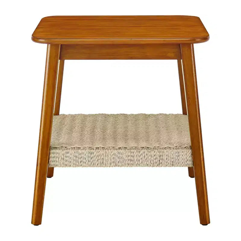 Table d'appoint Homy Casa en bois de style Mid-Century avec étagère tressée, finition noyer