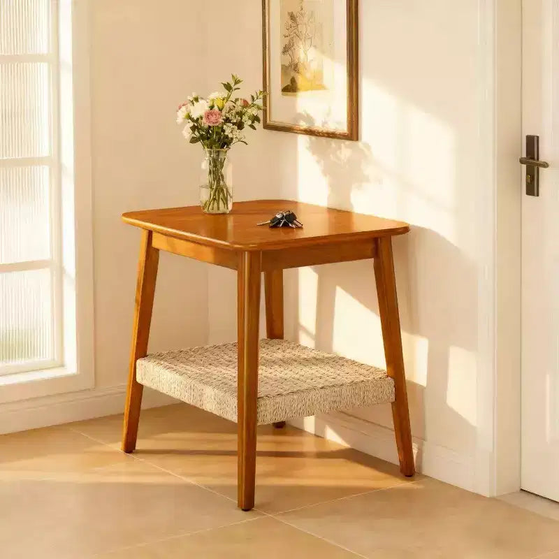 Table d'appoint Homy Casa en bois de style Mid-Century avec étagère tressée, finition noyer