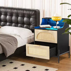 Rattan Nightstand with Charging Station, Wooden Accent End Table with 2 Drawers, Sofa Side Table for Living Room Bedroom