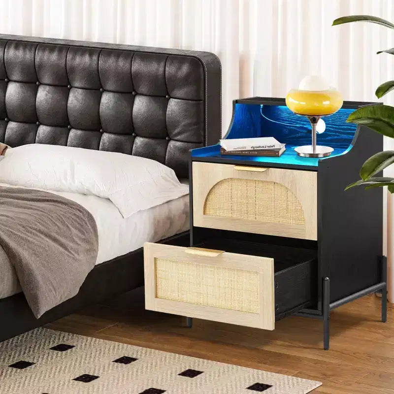 Rattan Nightstand with Charging Station, Wooden Accent End Table with 2 Drawers, Sofa Side Table for Living Room Bedroom