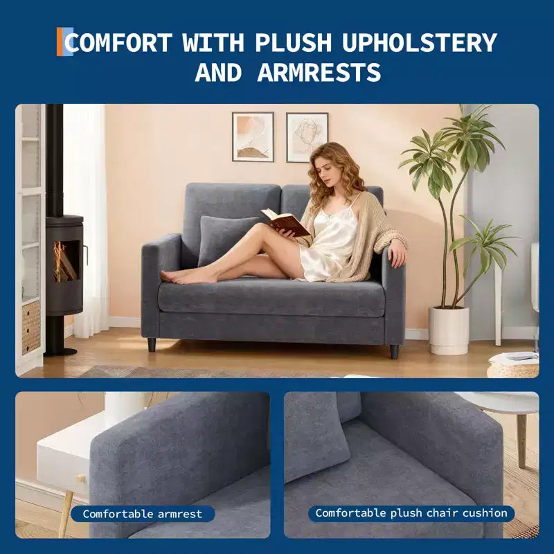Causeuse compacte 52 po en tissu Teddy, fauteuil d'appoint et canapé à assemblage sans outils pour petits espaces, salon et chambre à coucher