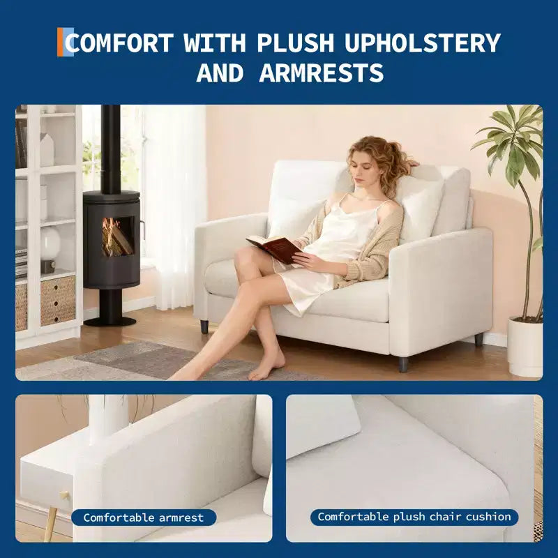Causeuse compacte 52 po en tissu Teddy, fauteuil d'appoint et canapé à assemblage sans outils pour petits espaces, salon et chambre à coucher