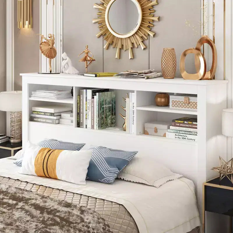 Famapy White Full/ Queen Size Headboard,App-Controlled LED Lights,Adjustable Shelves,Smart Bedroom Storage Solution