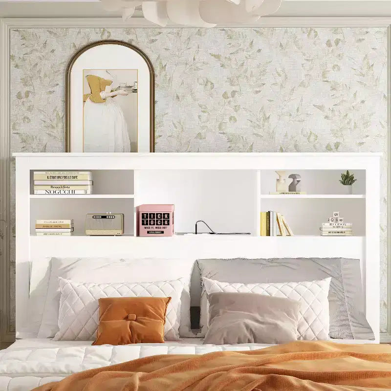 Tête de lit Famapy blanche taille double/grand lit, lumières LED contrôlées par application, étagères réglables, solution de rangement intelligente pour chambre à coucher
