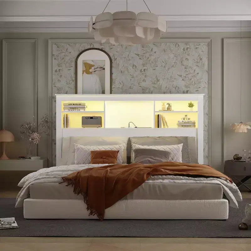 Tête de lit Famapy blanche taille double/grand lit, lumières LED contrôlées par application, étagères réglables, solution de rangement intelligente pour chambre à coucher