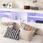 Tête de lit Famapy blanche taille double/grand lit, lumières LED contrôlées par application, étagères réglables, solution de rangement intelligente pour chambre à coucher