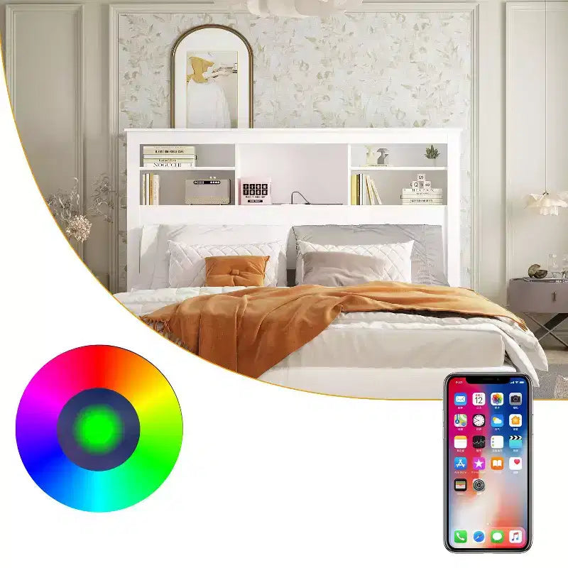 Tête de lit Famapy blanche taille double/grand lit, lumières LED contrôlées par application, étagères réglables, solution de rangement intelligente pour chambre à coucher