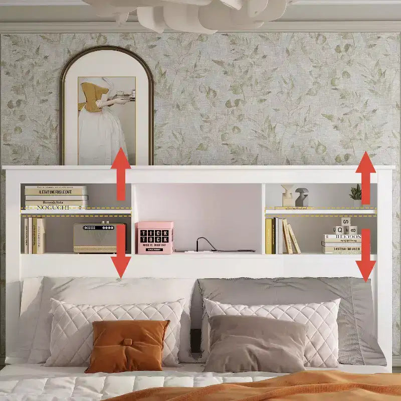 Tête de lit Famapy blanche taille double/grand lit, lumières LED contrôlées par application, étagères réglables, solution de rangement intelligente pour chambre à coucher