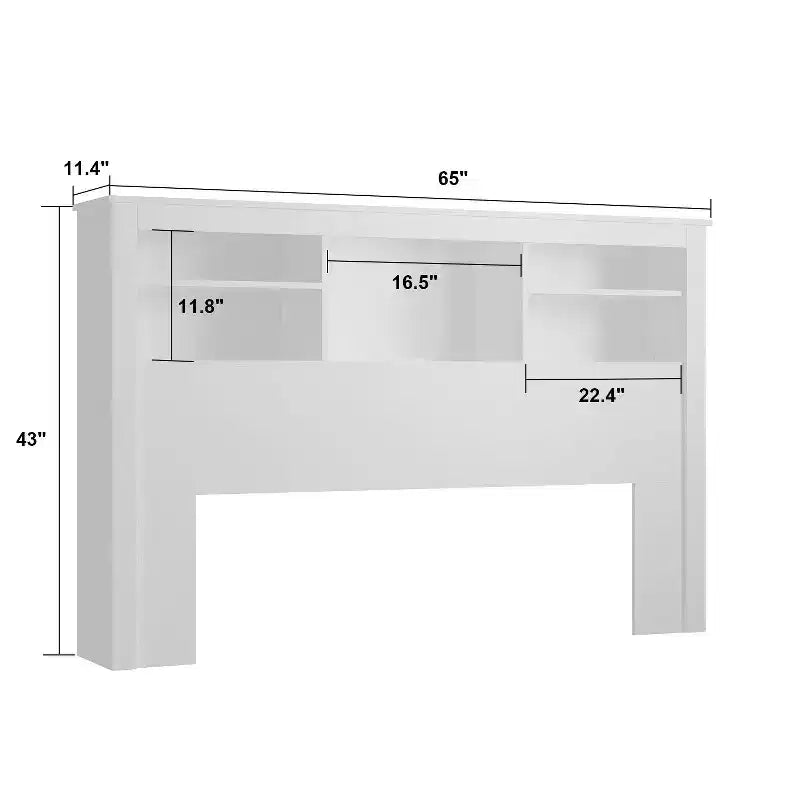 Tête de lit Famapy blanche taille double/grand lit, lumières LED contrôlées par application, étagères réglables, solution de rangement intelligente pour chambre à coucher