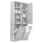 Meuble de rangement de salle de bain avec portes et tiroirs, panier à linge inclinable, plusieurs espaces de rangement, style autoportant