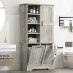 Meuble de rangement de salle de bain avec portes et tiroirs, panier à linge inclinable, plusieurs espaces de rangement, style autoportant