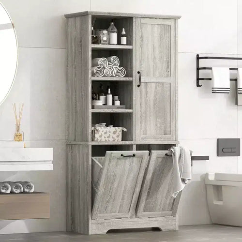 Meuble de rangement de salle de bain avec portes et tiroirs, panier à linge inclinable, plusieurs espaces de rangement, style autoportant