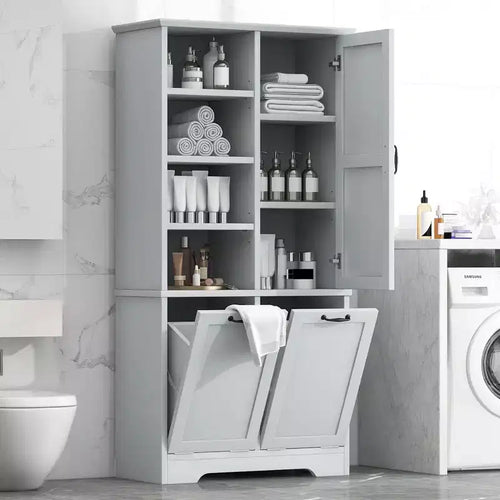 Bathroom Storage Cabinet with Doors and Drawers Tilt-Out Laundry Hamper Multiple Storage Space Freestanding Style