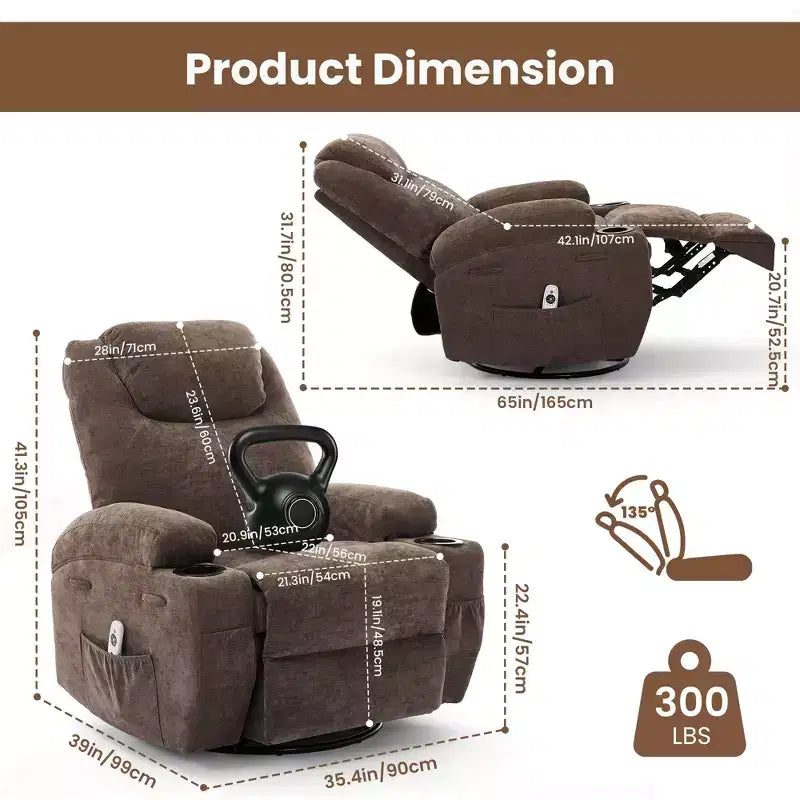 Fauteuils inclinables pivotants surdimensionnés GUSTOWAVE avec massage et chaleur, fauteuil inclinable à bascule en tissu pour salon et chambre d'enfant.