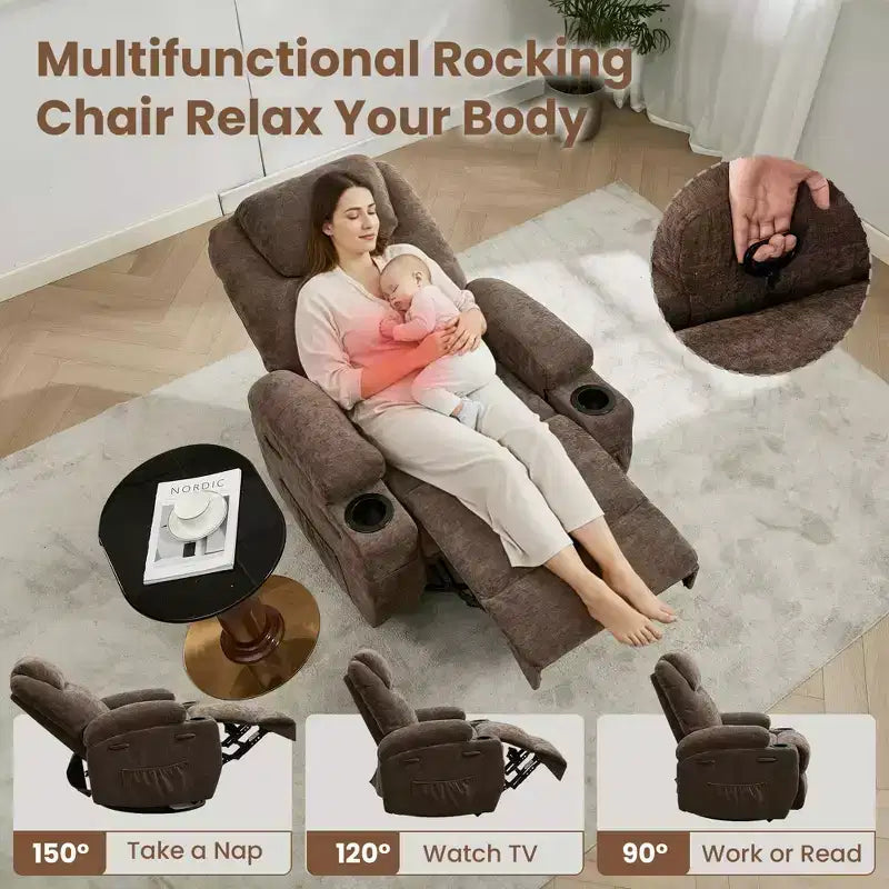 Fauteuils inclinables pivotants surdimensionnés GUSTOWAVE avec massage et chaleur, fauteuil inclinable à bascule en tissu pour salon et chambre d'enfant.