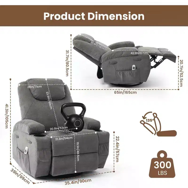 Fauteuils inclinables pivotants surdimensionnés GUSTOWAVE avec massage et chaleur, fauteuil inclinable à bascule en tissu pour salon et chambre d'enfant.