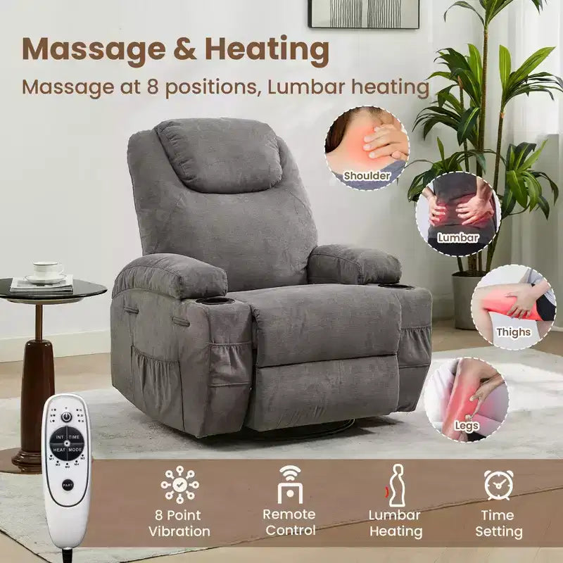 Fauteuils inclinables pivotants surdimensionnés GUSTOWAVE avec massage et chaleur, fauteuil inclinable à bascule en tissu pour salon et chambre d'enfant.
