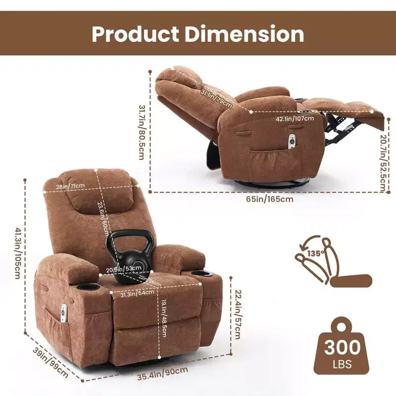 Fauteuils inclinables pivotants surdimensionnés GUSTOWAVE avec massage et chaleur, fauteuil inclinable à bascule en tissu pour salon et chambre d'enfant.