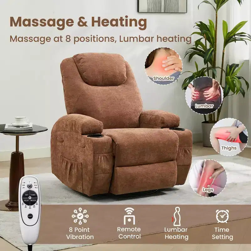 Fauteuils inclinables pivotants surdimensionnés GUSTOWAVE avec massage et chaleur, fauteuil inclinable à bascule en tissu pour salon et chambre d'enfant.