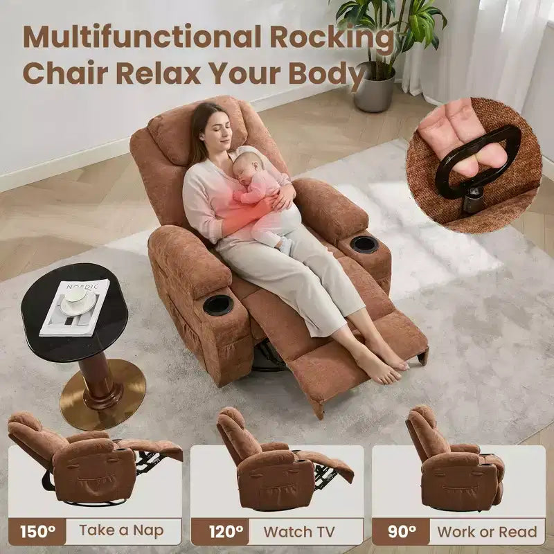 Fauteuils inclinables pivotants surdimensionnés GUSTOWAVE avec massage et chaleur, fauteuil inclinable à bascule en tissu pour salon et chambre d'enfant.