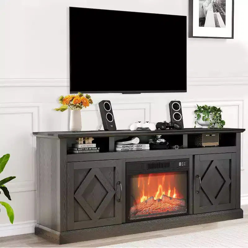 Meuble TV de cheminée de ferme pour téléviseur de 80 pouces, meuble TV haut de 170 cm avec cheminée électrique, console multimédia avec armoires latérales pour salon