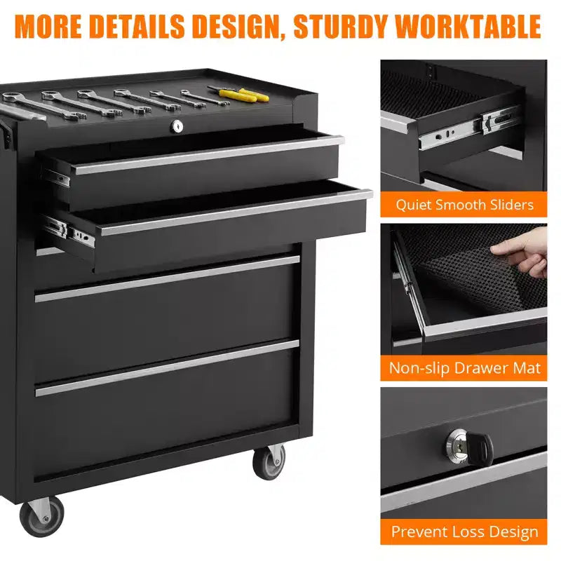 COZONY Servante d'atelier à 5 tiroirs, armoire de rangement à outils verrouillable avec roues et tapis de tiroir pour garage et atelier
