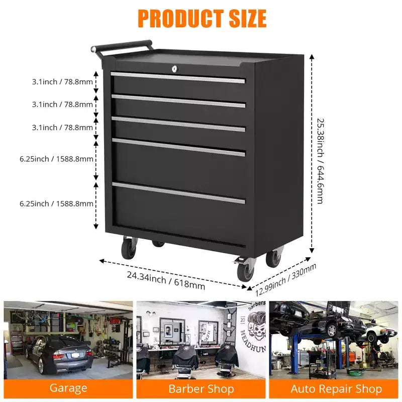 COZONY Servante d'atelier à 5 tiroirs, armoire de rangement à outils verrouillable avec roues et tapis de tiroir pour garage et atelier