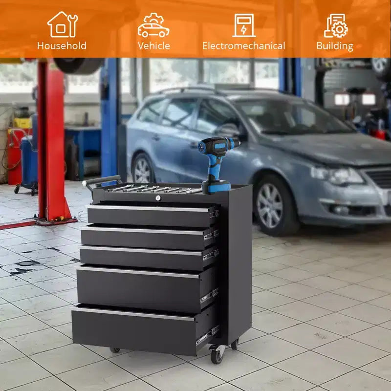 COZONY Servante d'atelier à 5 tiroirs, armoire de rangement à outils verrouillable avec roues et tapis de tiroir pour garage et atelier