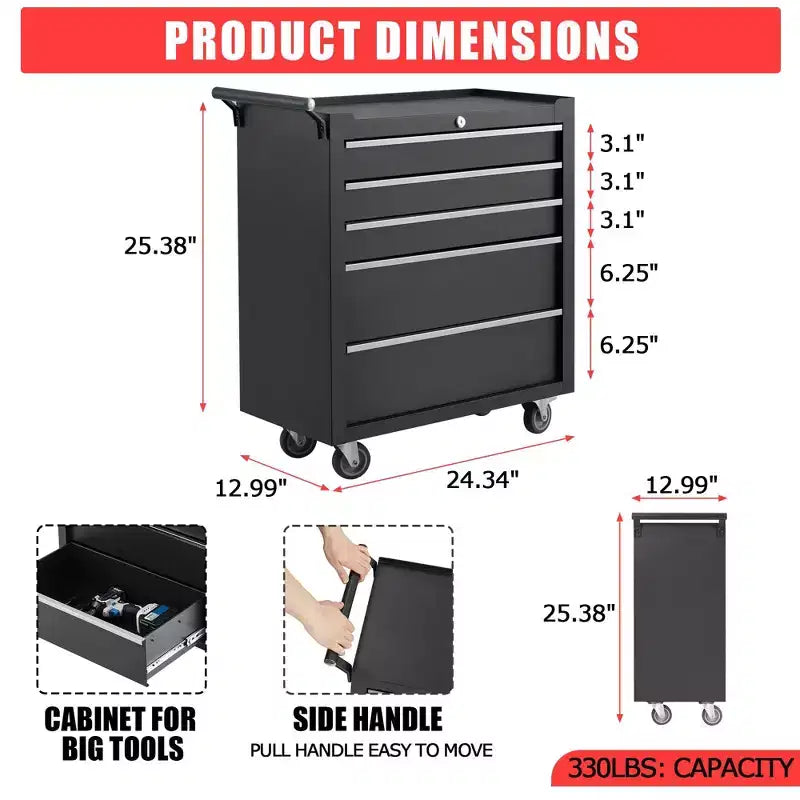 COZONY Servante d'atelier à 5 tiroirs, armoire de rangement à outils verrouillable avec roues et tapis de tiroir pour garage et atelier