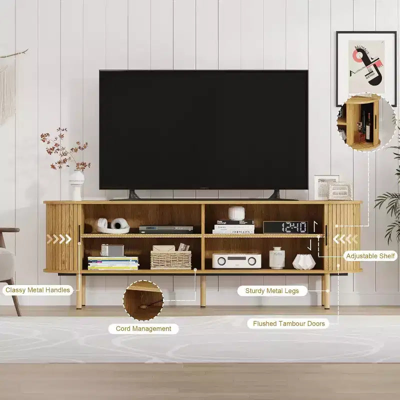 Meubles TV modernes pour téléviseurs de 75 pouces, meuble de divertissement avec 2 grands placards de rangement, console multimédia avec panneaux cannelés