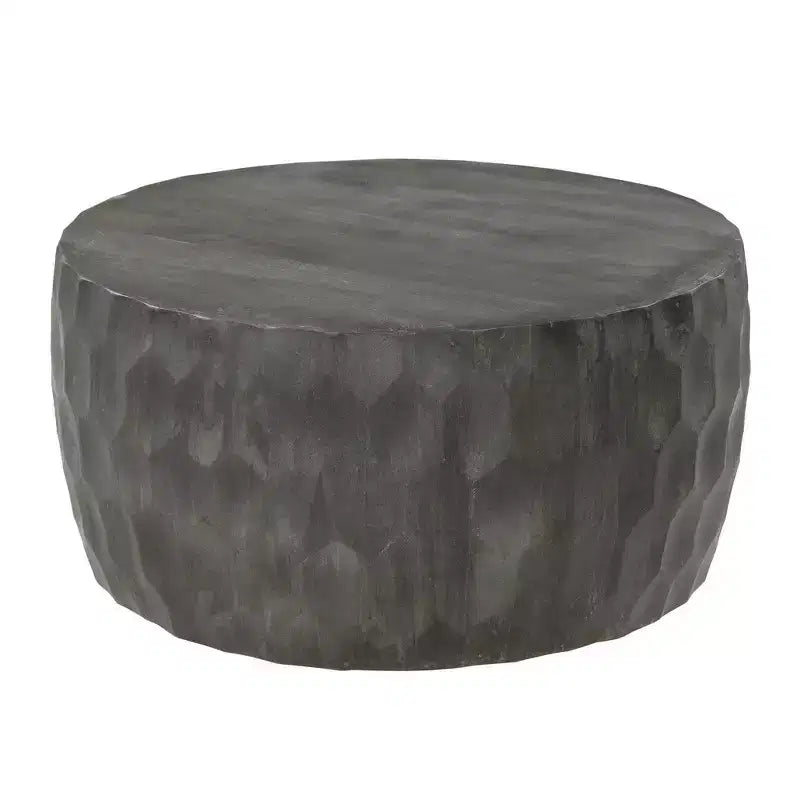 Table basse Royal Hampton Val de 34 pouces en manguier sculpté à la main, forme de tambour rond martelé, nid d'abeille,
