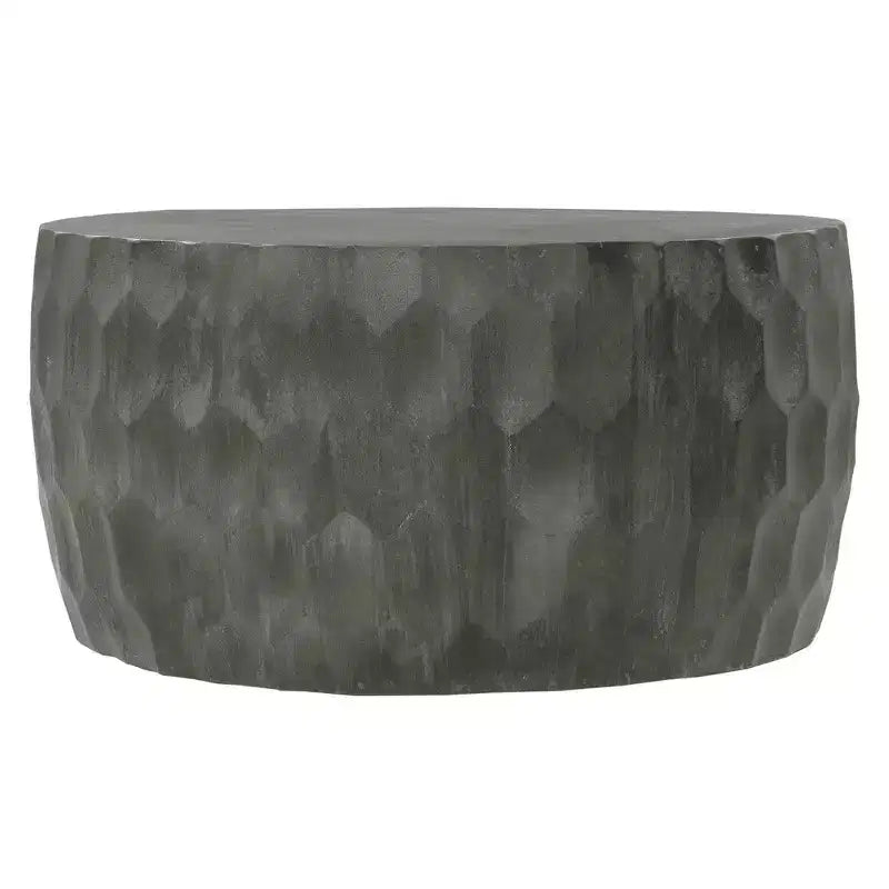 Table basse Royal Hampton Val de 34 pouces en manguier sculpté à la main, forme de tambour rond martelé, nid d'abeille,