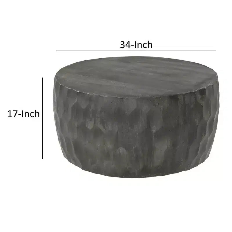 Table basse Royal Hampton Val de 34 pouces en manguier sculpté à la main, forme de tambour rond martelé, nid d'abeille,